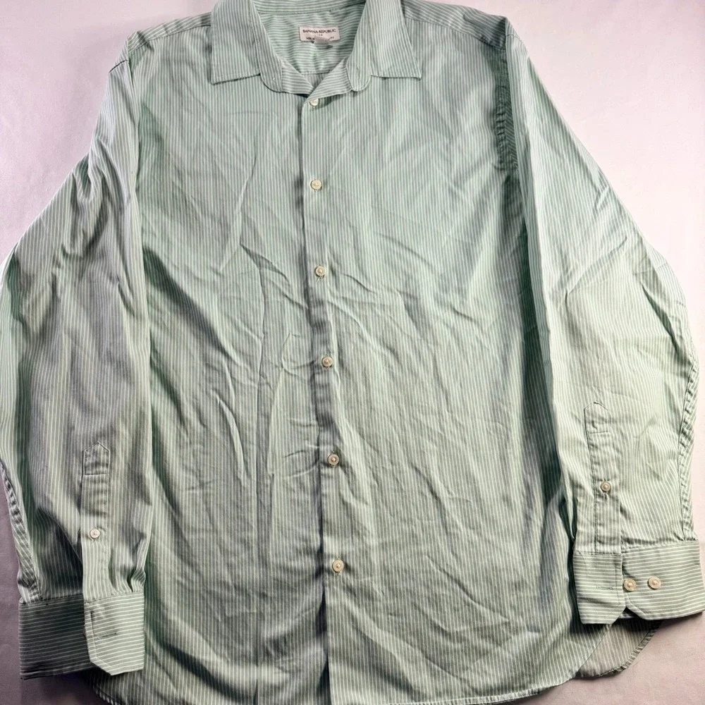 Banana Republic Shirt Mens XXL Green White Striped Cotton Non Iron‎ Classic Fit